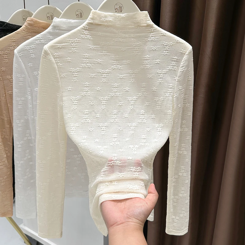 杏色简约半高领蕾丝提花长袖打底衫夏季洋气时尚百搭网纱镂空T恤