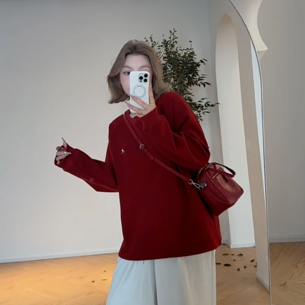 【瘦瘦】悠闲派-春秋三色圆领小鹿刺绣插肩袖百搭套头卫衣S01221