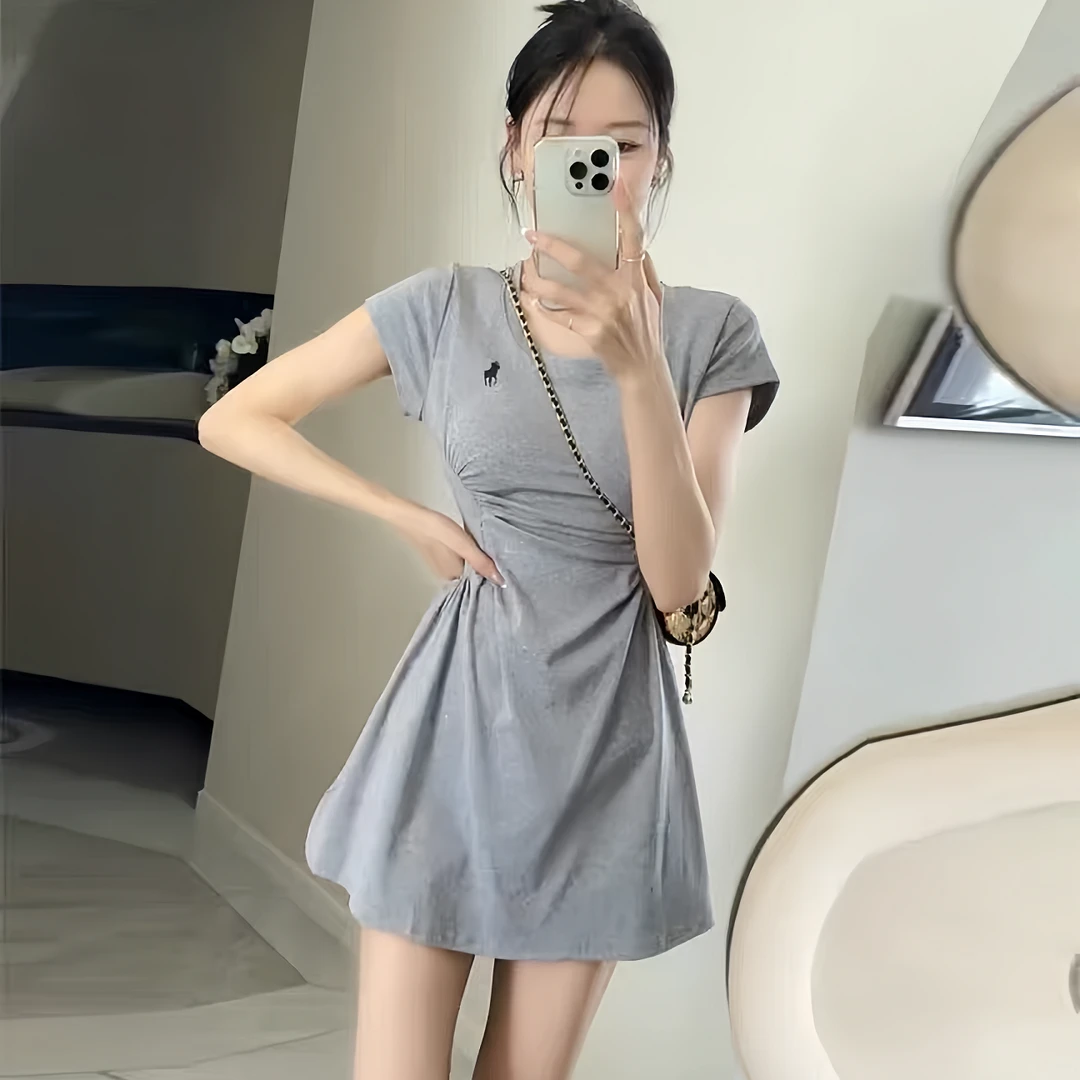 韩系藏蓝色圆领绑带连衣裙子女夏2025新款度假风穿搭两件套装裙子