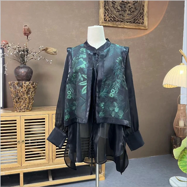 【大海轻奢】W24200新款墨绿假两件双面满花刺绣国风设计师上衣