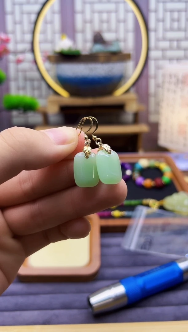 和田玉14K金镶嵌耳饰E227