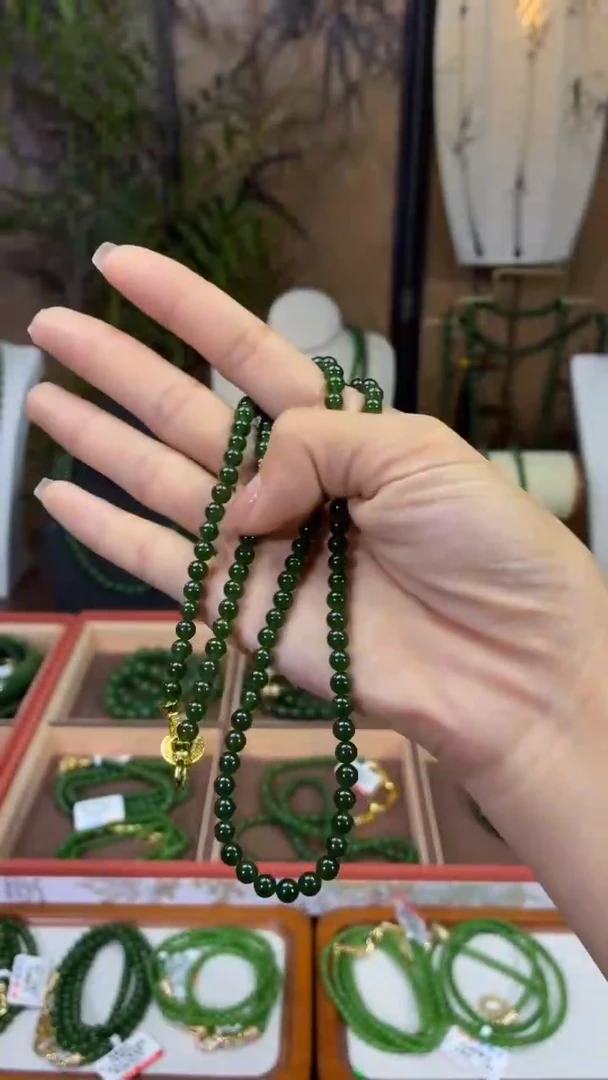 和田玉（碧玉）未镶嵌颈饰5mm菠菜微矿毛衣链