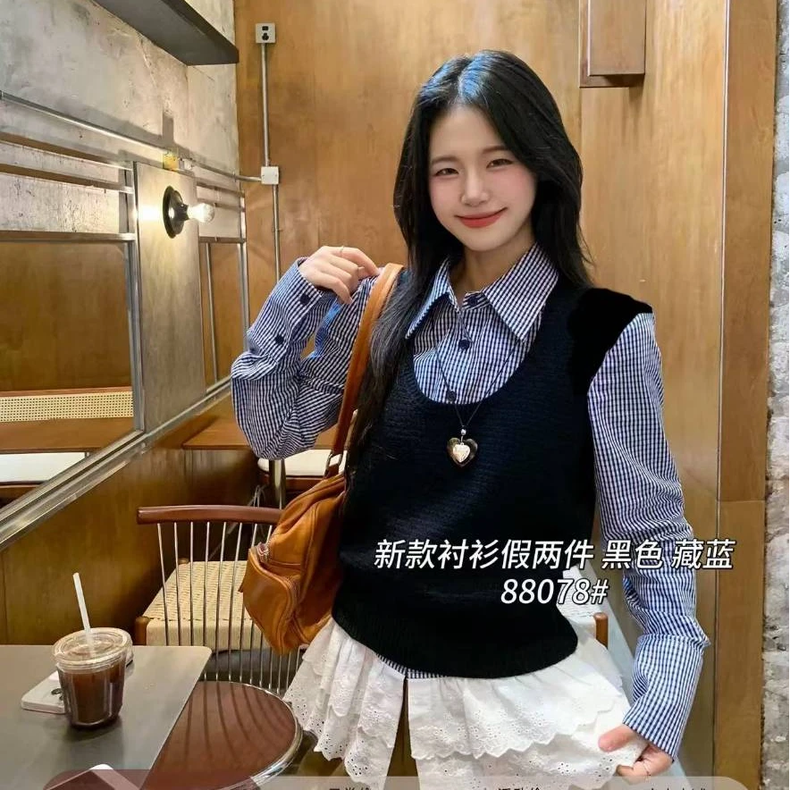 88078-设计感撞色百搭洋气大码假两件时尚衫