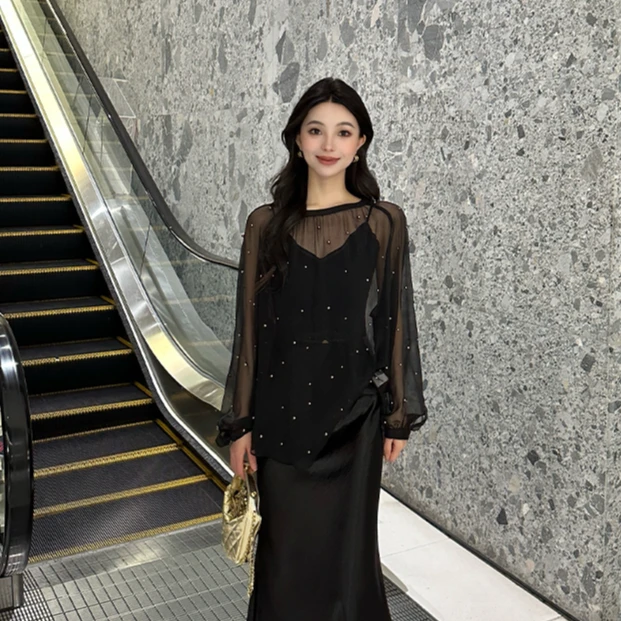 【猫七七】法式甜美气质名媛长袖钉珠罩衫修身显瘦上衣Q52XS357