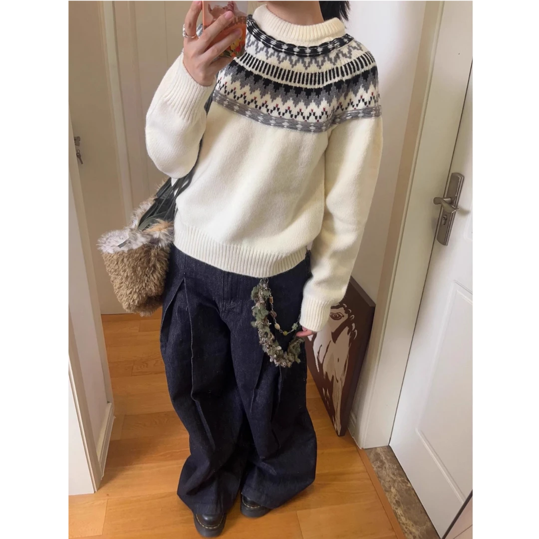 PIPIKISD费尔岛提花圆领套头毛衣女秋冬宽松复古慵懒风上衣