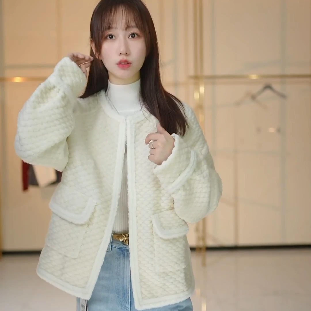 阿玛施5400312春秋新款圆领质感长袖小香风外花呢粉色小粉色外套