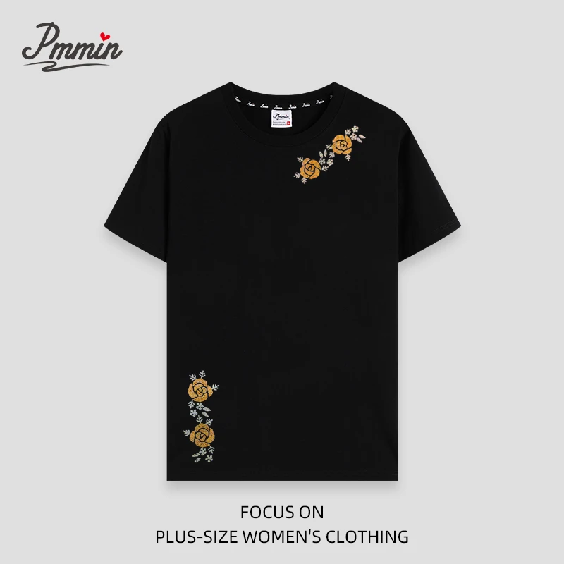 pmmin【个性玫瑰】女装大码圆领烫钻短袖T恤 夏季烫钻