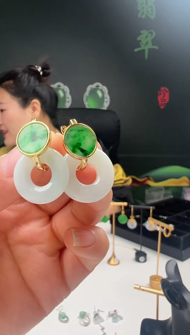 银S925镶嵌翡翠耳饰你*001