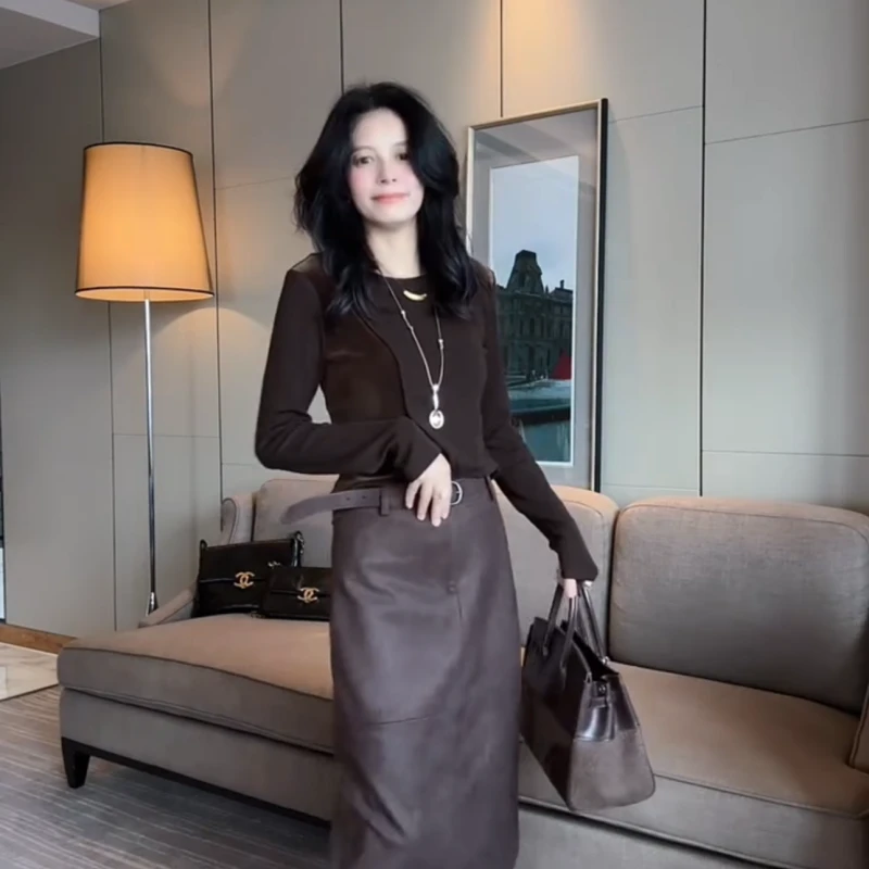 2025秋季时尚女士长袖小衫上衣搭皮裙俩件套气质显瘦减龄轻奢款潮