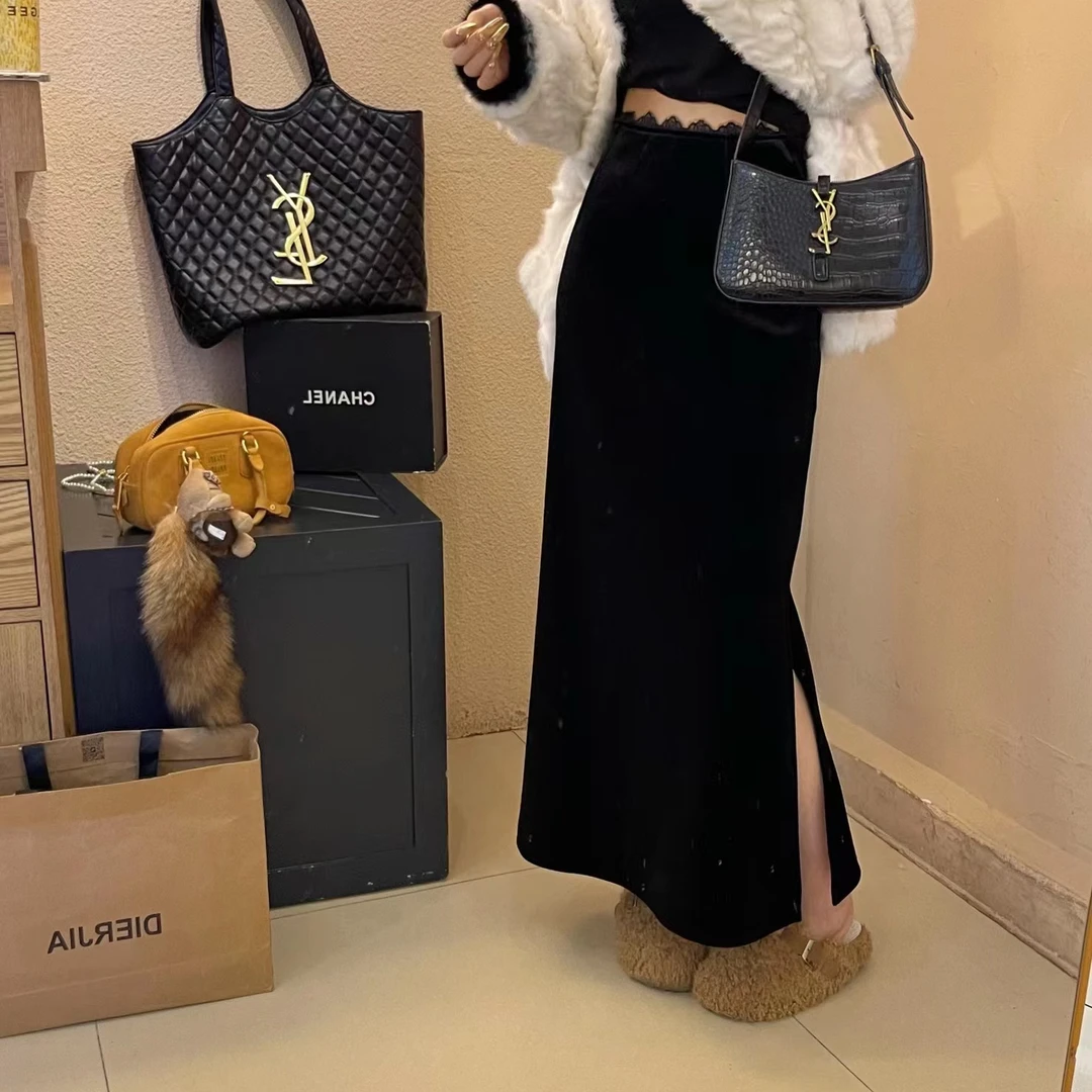 韩版chic冬季新款丝绒拼接蕾丝半身裙高级感小众洋气百搭气质休闲