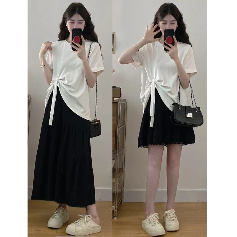 大码女装夏季新款胖mm新款花边蛋糕裙+蝴蝶结宽松T恤洋气减龄套装