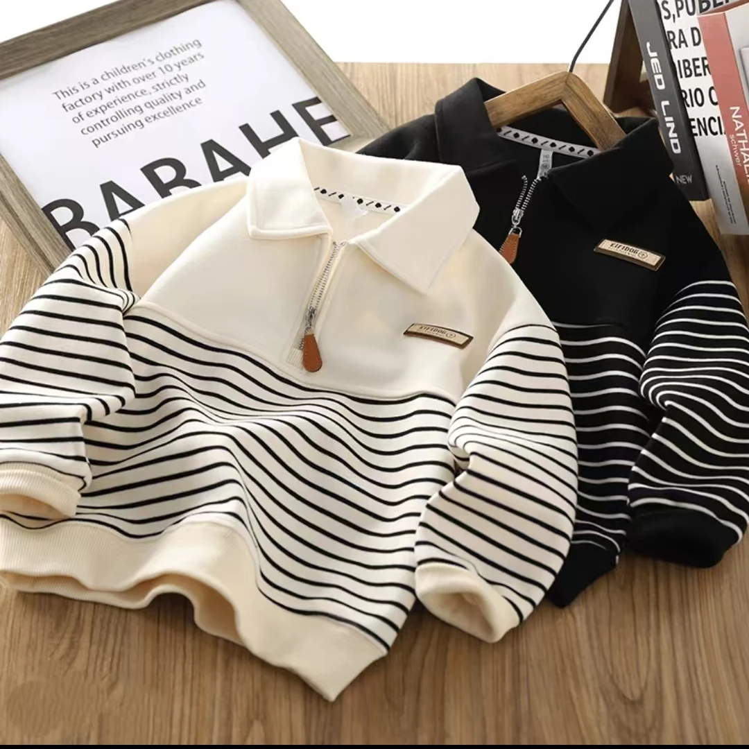 秋上新~男童条纹拉链Polo领卫衣中大童条纹拼接百搭00314