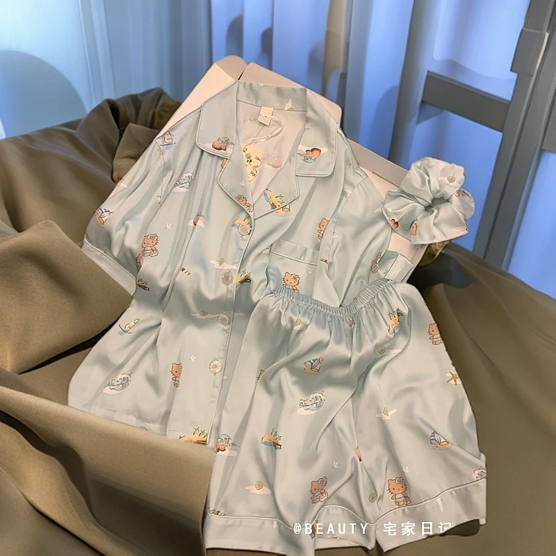 少女甜美卡通凯蒂猫冰丝睡衣女款夏天短袖短裤裸感家居服套装大码