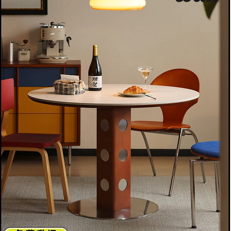 中古圆桌复古金属腿圆形餐桌北欧包豪斯实木岩板饭桌
