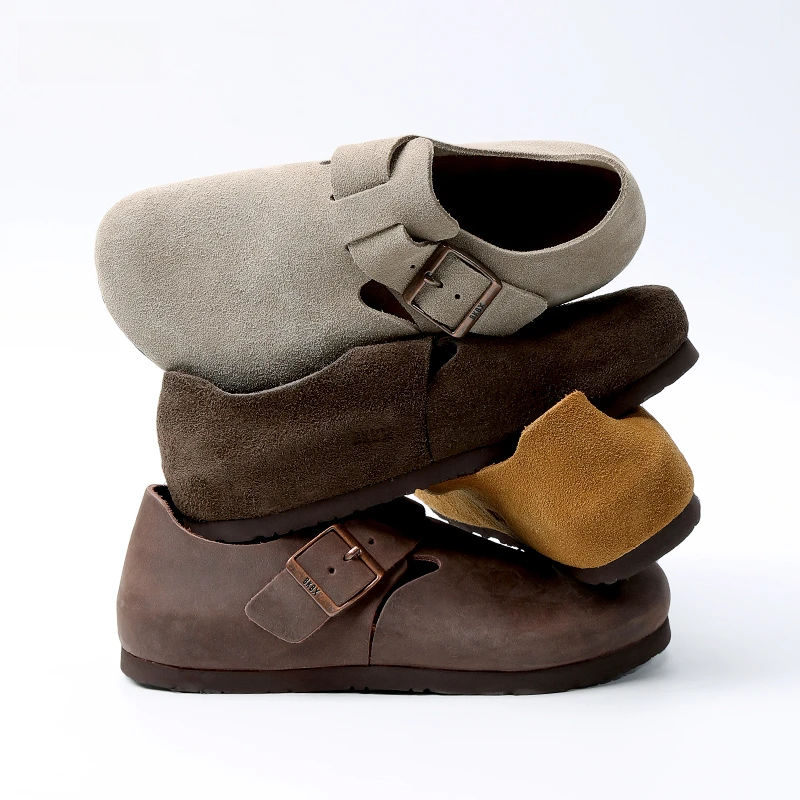 全包勃肯鞋2025懒人单鞋烟灰色休闲低帮平底牛皮软木男女款运动鞋