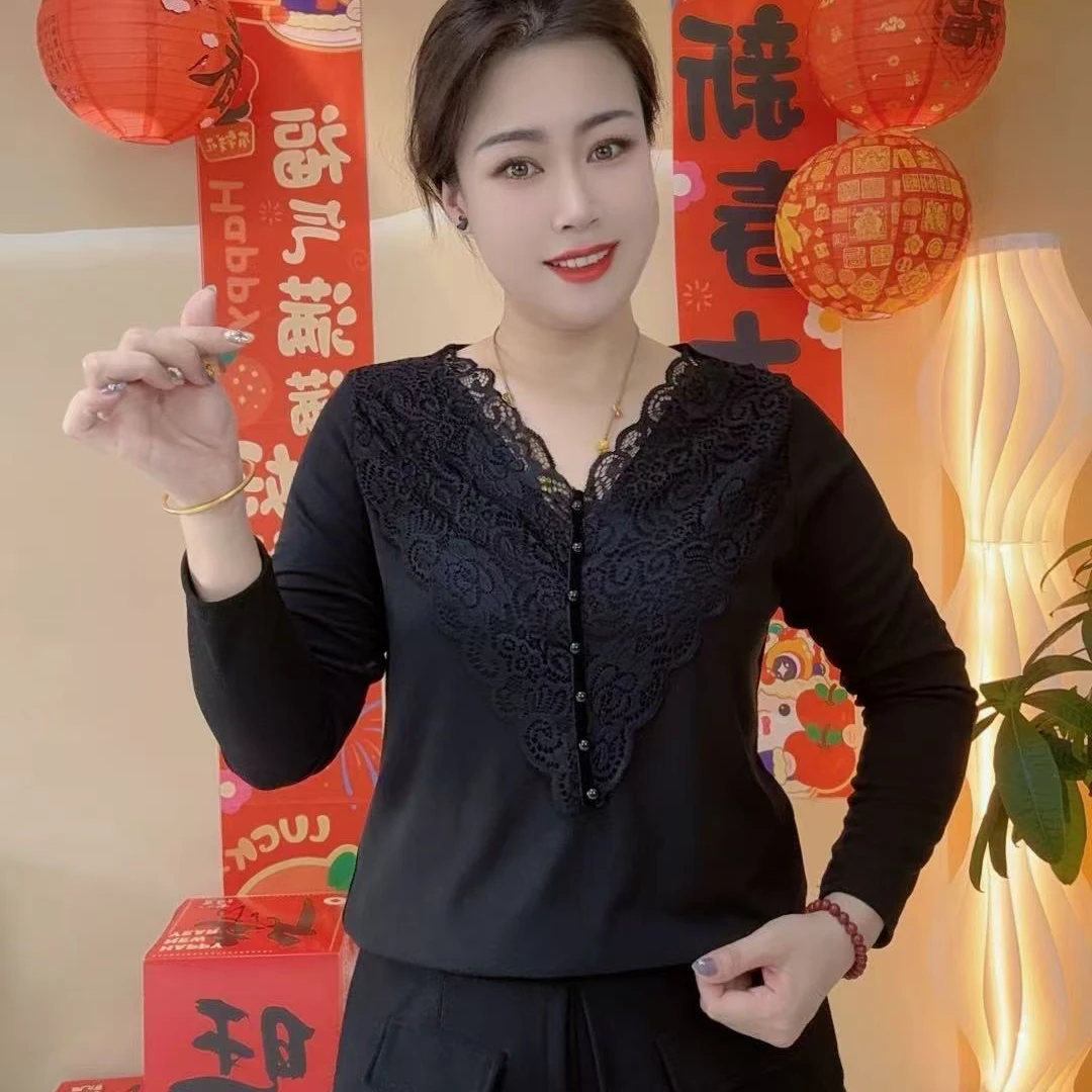 [YY]2025秋季长袖蕾丝显瘦拼接气质网红洋气百搭时尚重工女士打底