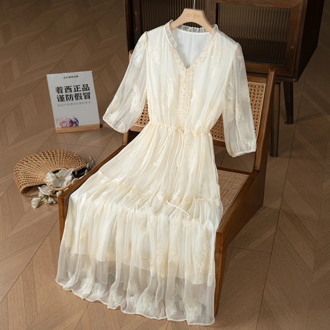 ZHUOXI/着西`萱~冰雪女王~桑蚕丝刺绣短袖连衣裙白色夏季2Q252