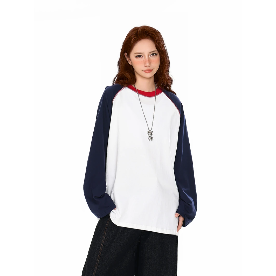 【帝韵】复古纯棉插肩袖圆领长袖T恤女新款撞色宽松显瘦打底衫上衣