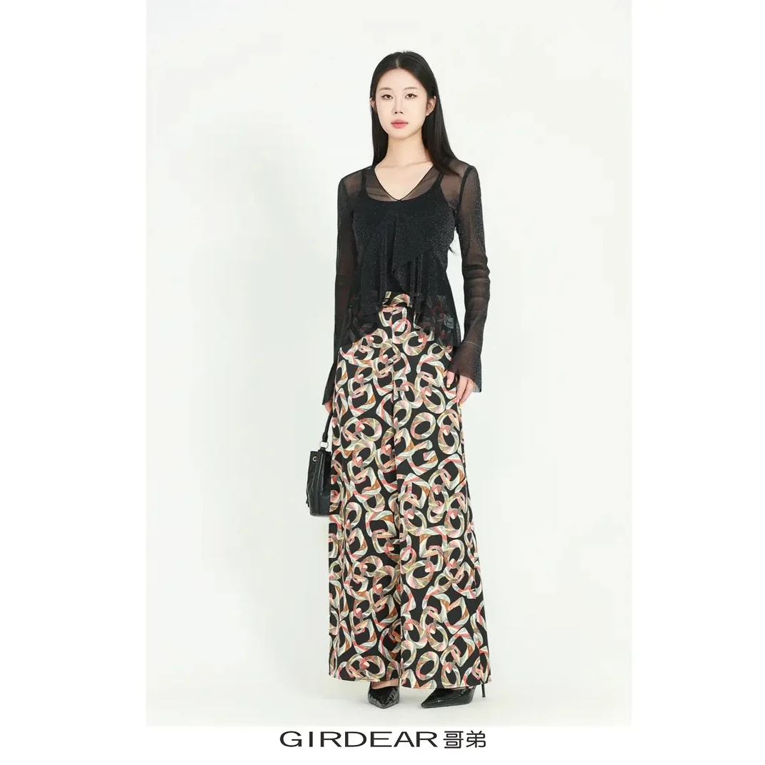 GIRDEAR/哥弟法式假日百搭复古繁花垂感高腰休闲直通裤女1100456