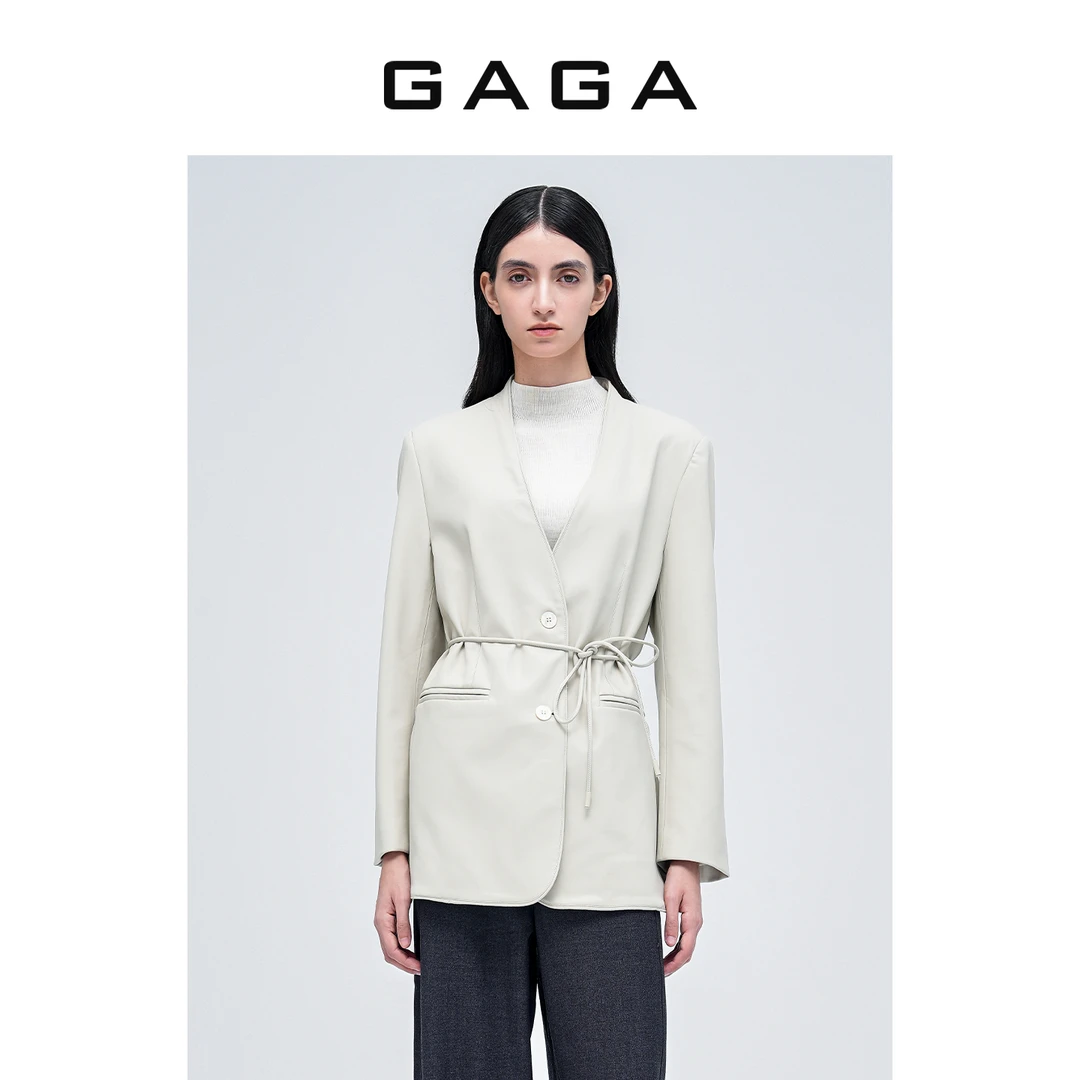 GAGA品牌女装秋季新款高级百搭时尚系带收腰无领PU外套G53C46020