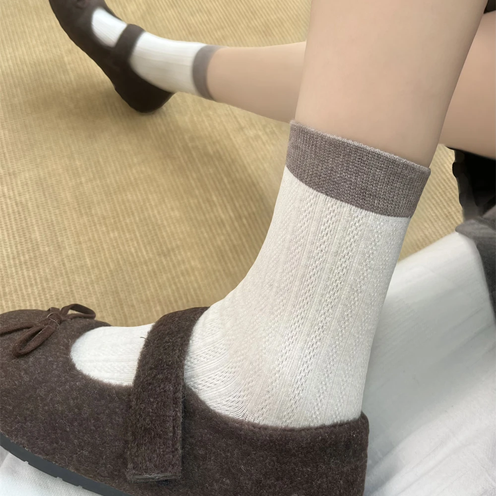 秋款微压无骨袜子女撞色秋冬中筒袜日系简约款美拉德色系ins潮袜