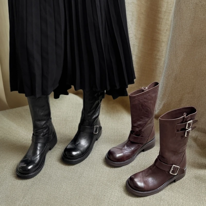 4cm复古港风方跟秋季套筒短靴粗跟靴马丁靴褶皱防滑女英伦风厚底