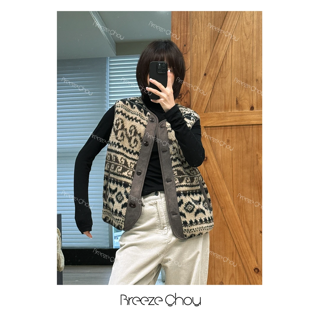 Breeze Chou费尔岛复古花纹马甲秋冬加厚保暖马夹百搭休闲无袖