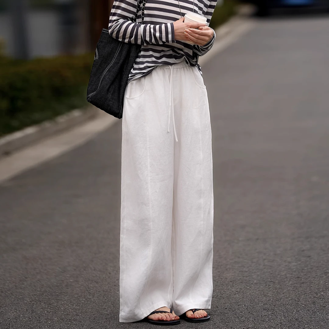 透气白色天丝亚麻阔腿裤女夏季显瘦直筒裤休闲百搭宽松垂感拖地裤