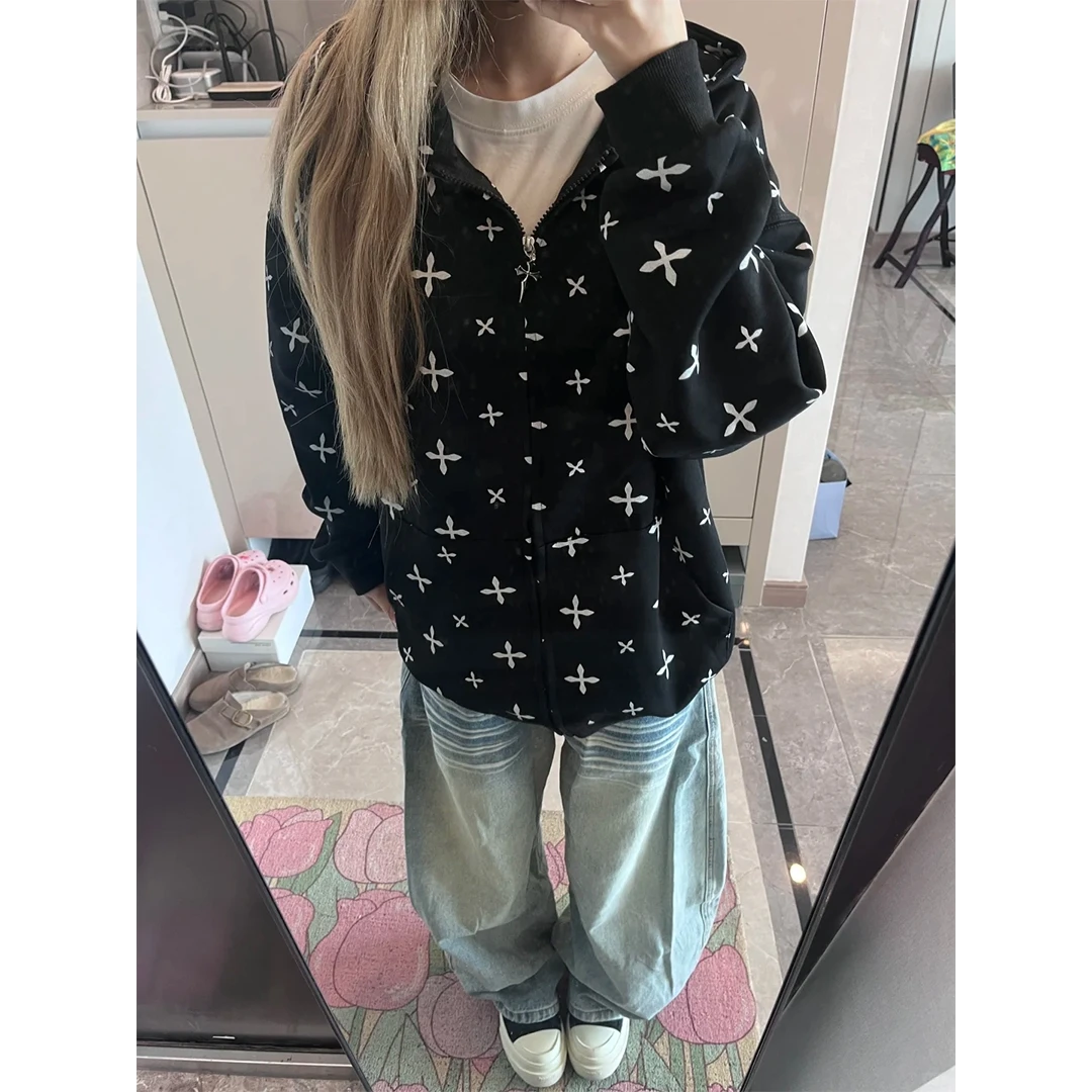 春秋爆款十字架满印花美式高街卫衣外套女宽松拉链连帽开衫