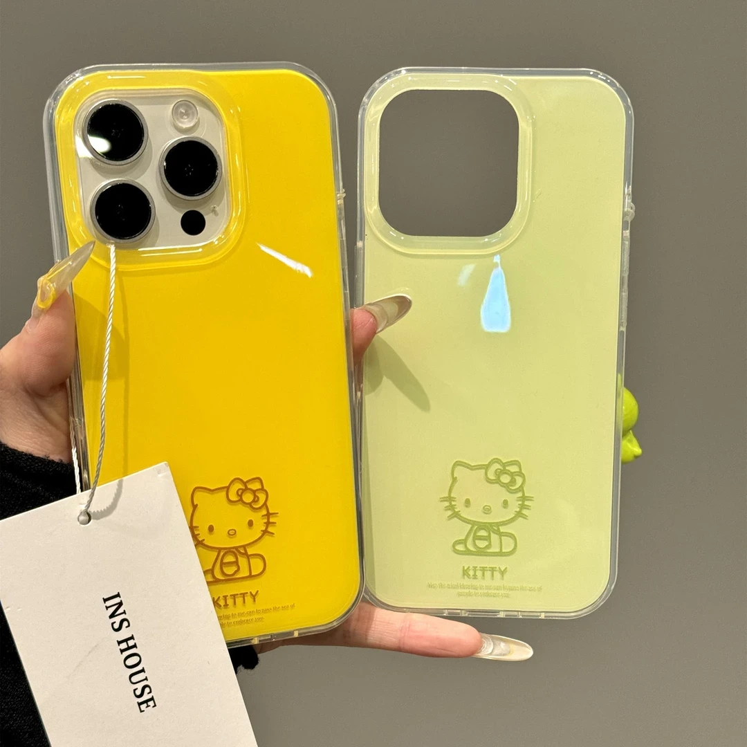 黄底线条kt猫IMD大孔适用苹果16pro手机壳iphone15华为防摔小米xr