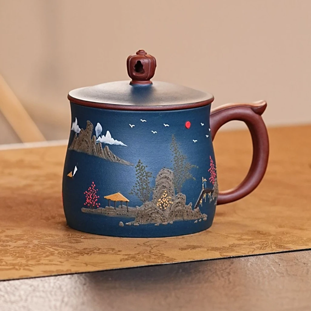 原矿紫砂绿泥粉浆山水泥绘盖杯茶具  901