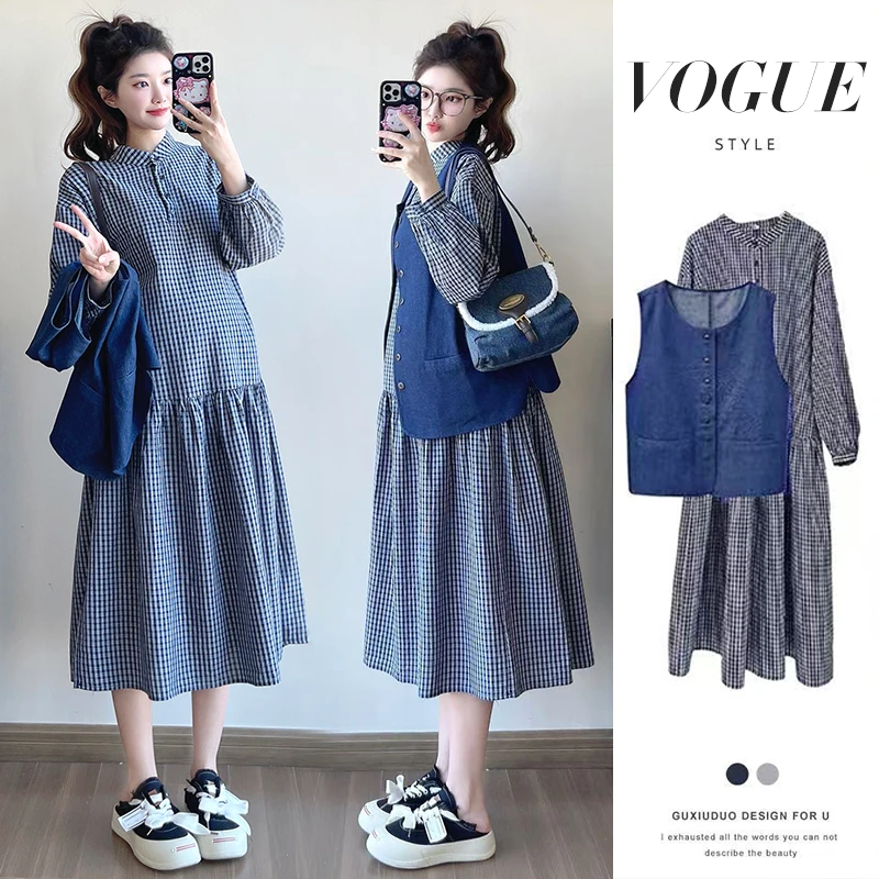 MIMI~时尚孕妇装2025春季宽松牛仔马甲+茶歇格子连衣裙韩系孕妈