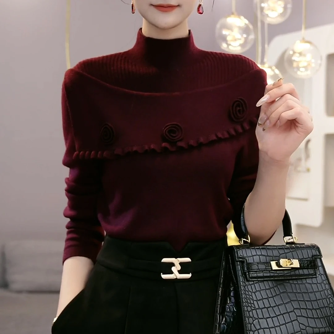 高级感立体花朵拼接针织衫女秋冬法式洋气百搭显瘦半高领毛衣上衣