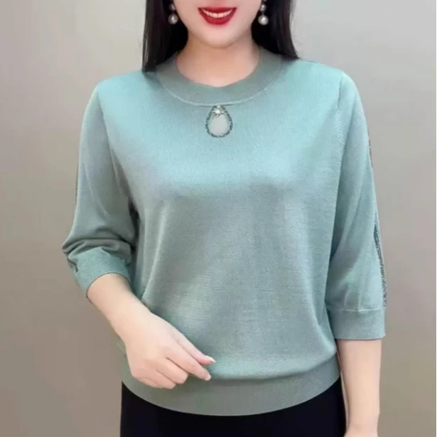 夏季薄款休闲七分袖水滴纯色百搭透气冰丝T恤衫女上衣短款打底衫