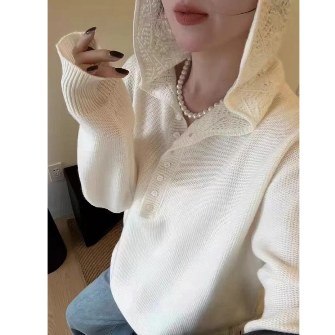 镂空针织衫外套韩版连帽宽松套头帽衫女休闲洋气毛衣103