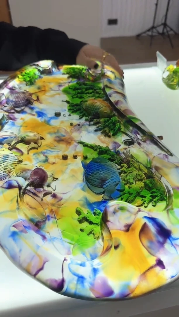 手工艺品琉璃木*彡海底世界茶盘