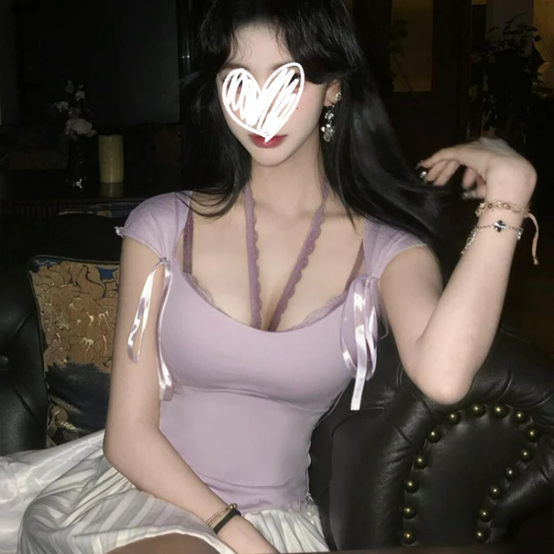 艺等YIDENG紫色短袖t恤2025夏季修身显瘦性感木耳边纯欲辣妹上衣