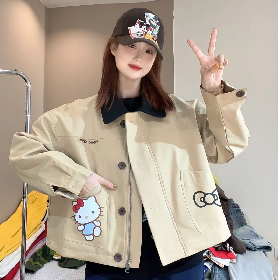【FANG方方】韩版东大门撞色翻领Kitty猫短款风衣夹克外套减龄时尚
