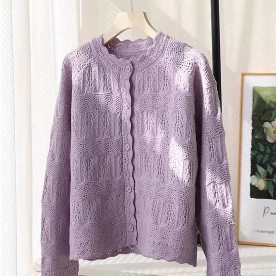 春季温柔风镂空钩花花边领长袖针织开衫女显白毛衣外套宽松百搭