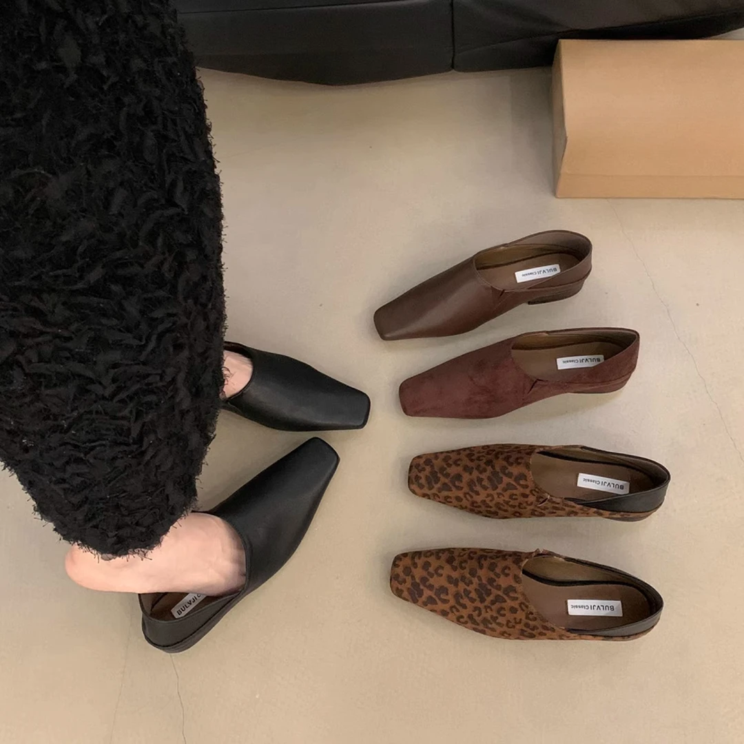 法式低跟尖头豹纹踩脚单鞋女鞋子2025春秋气质配裙子穆勒鞋百搭