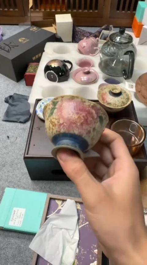 摆件陶茶具茶具茶具火石红花口杯