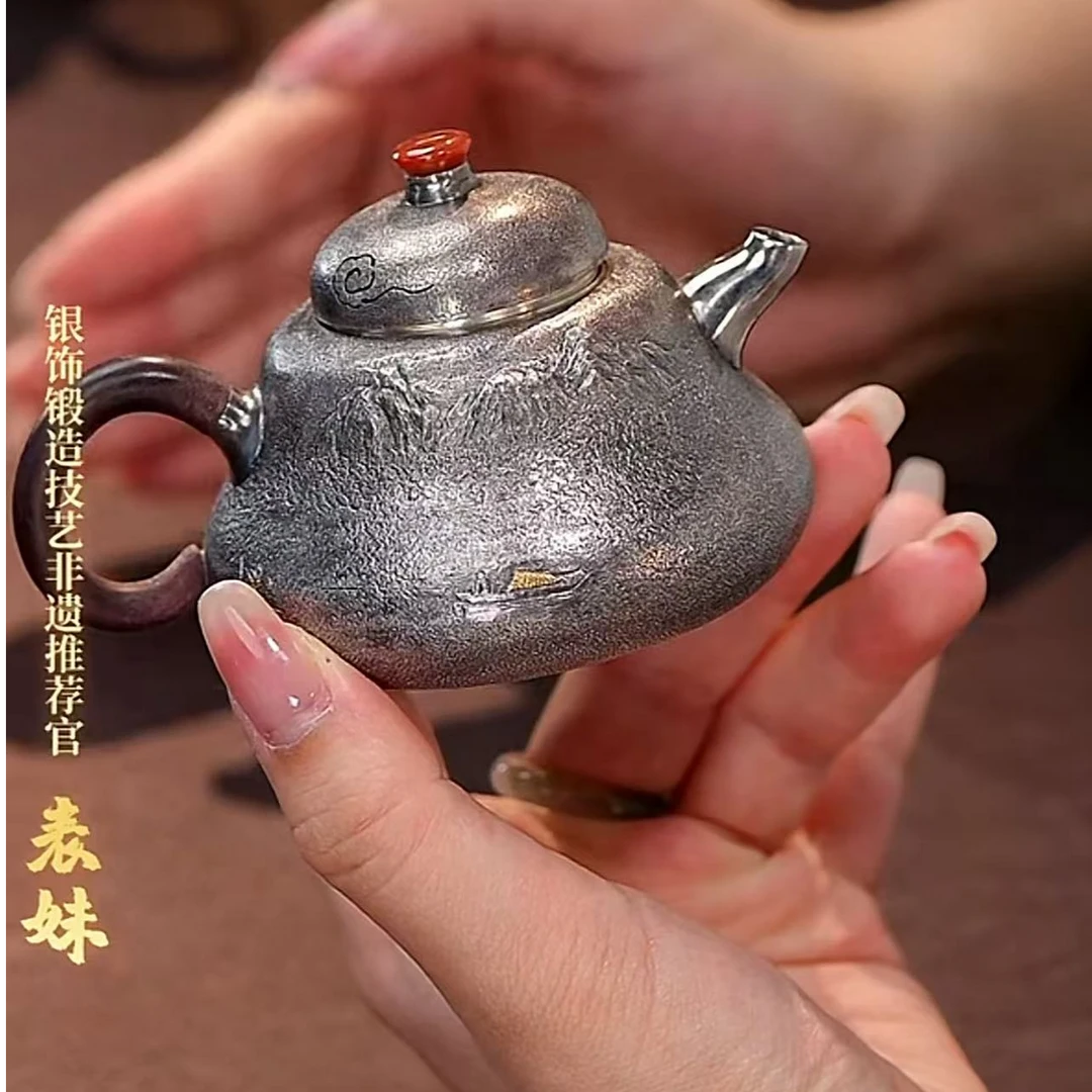 蜂鸟工坊 大师壶 麻纹錾刻山间划船松树翘嘴扁葫芦小壶 SWA1695