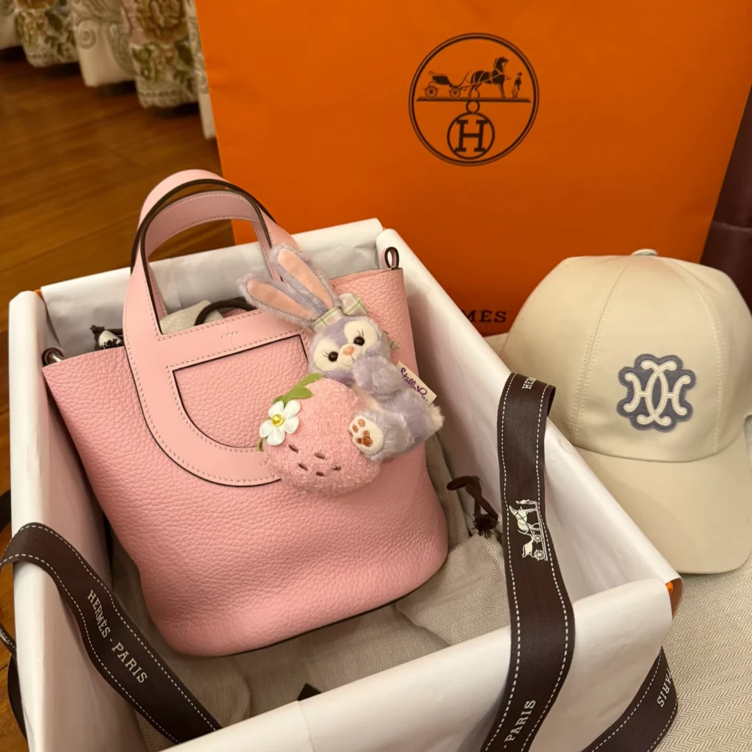 未使用 Hermes/爱马仕 小花6珊 猪鼻子菜篮子 樱花粉 K刻 银扣包