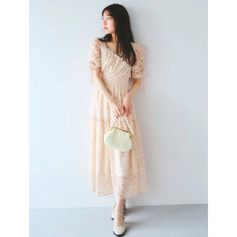 【DD外贸】夏季新款 D 气质优雅短袖绑带收腰蕾丝连衣裙显瘦时尚