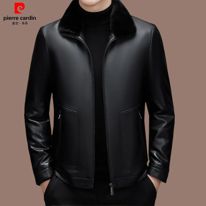 皮尔卡丹高端水貂绒皮衣男真皮爸爸外套加厚保暖可拆卸内胆皮夹克