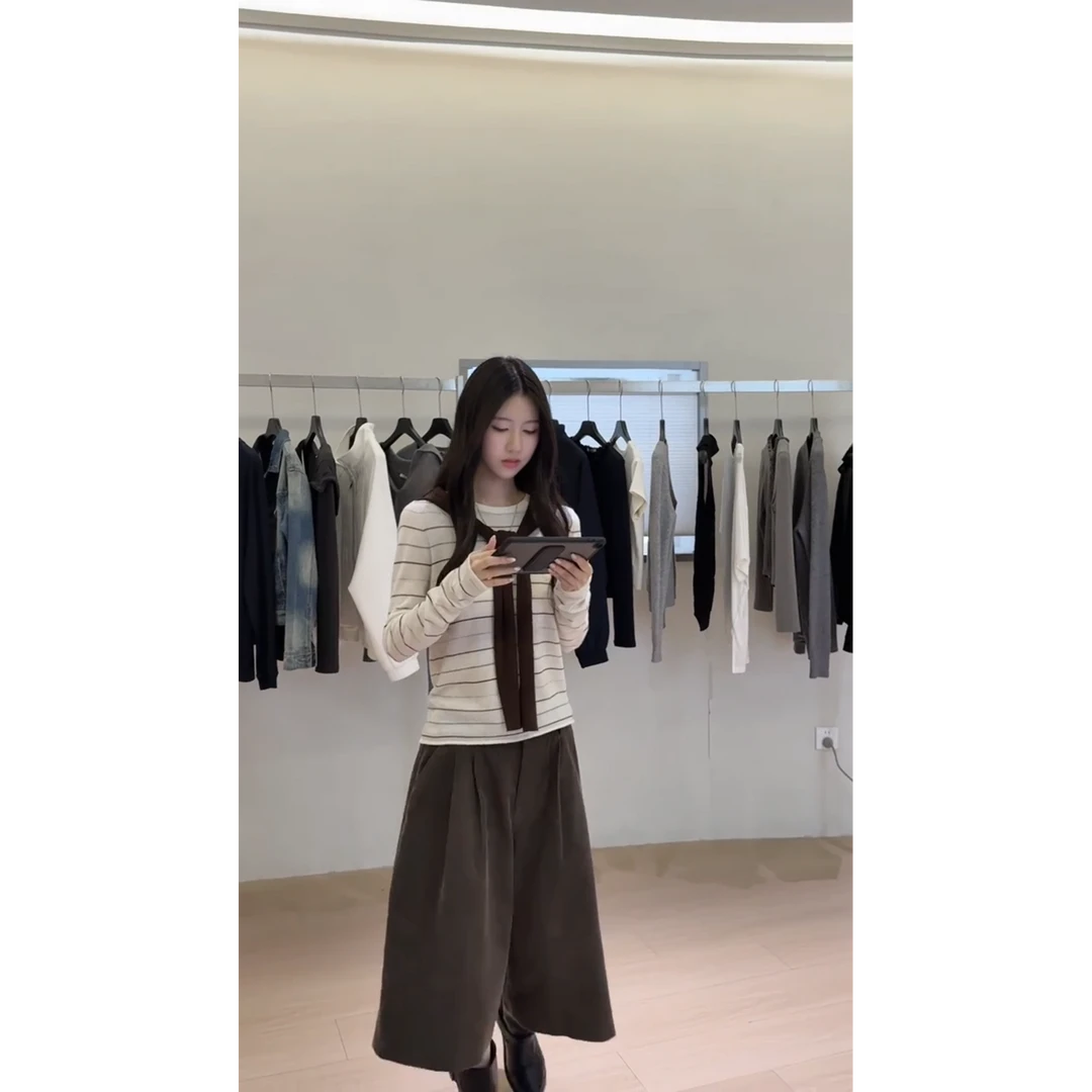 MARIE.COCO韩系简条纹长袖针织衫女早秋季毛衣穿搭休闲灯芯绒中裤