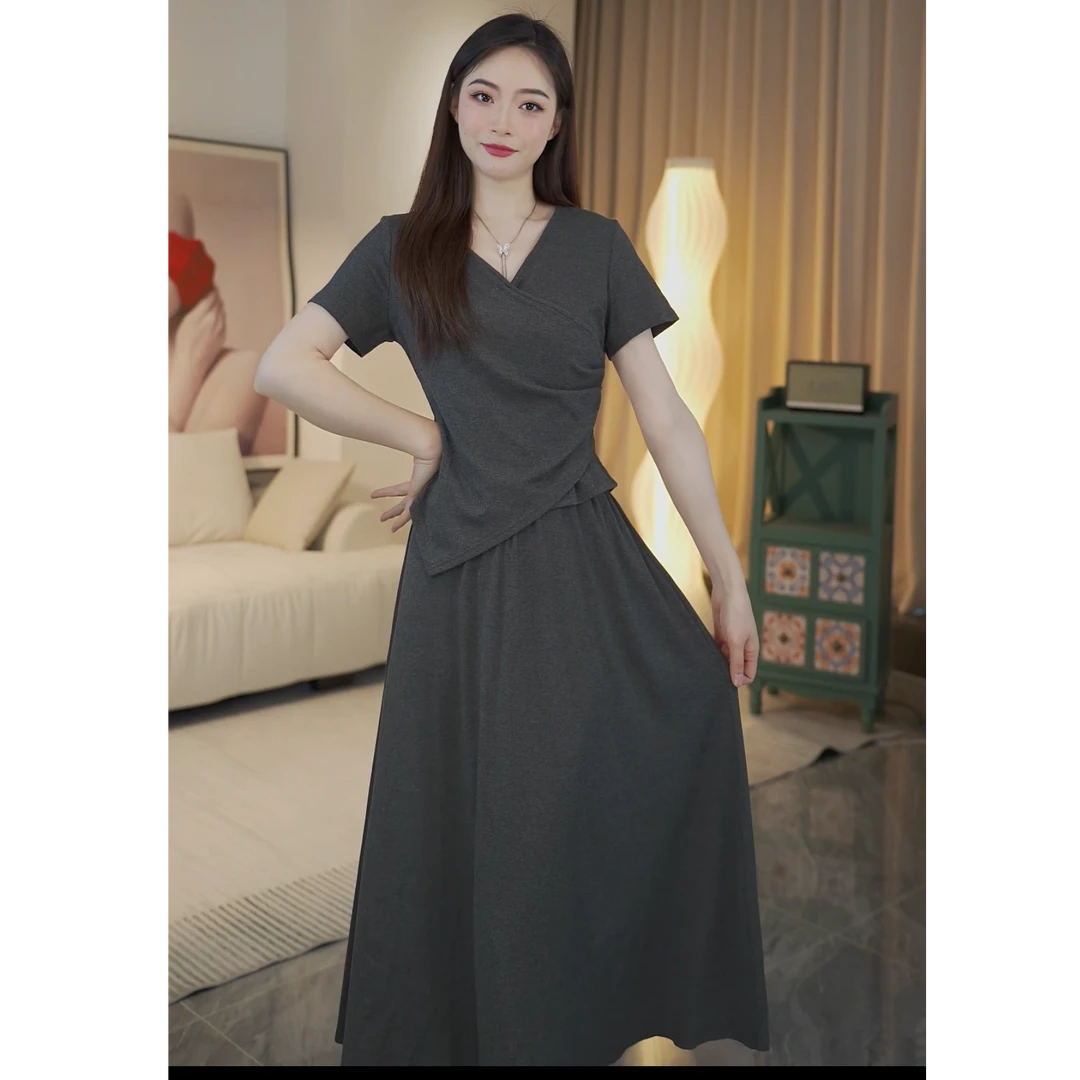 （ 然老板专属）大码韩系夏季新款显瘦不规则休闲半身裙短袖两件套