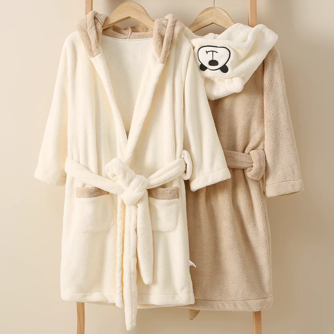 儿童小熊浴袍珊瑚绒吸水速干浴巾柔软舒适带帽洗澡游泳家居睡袍XF