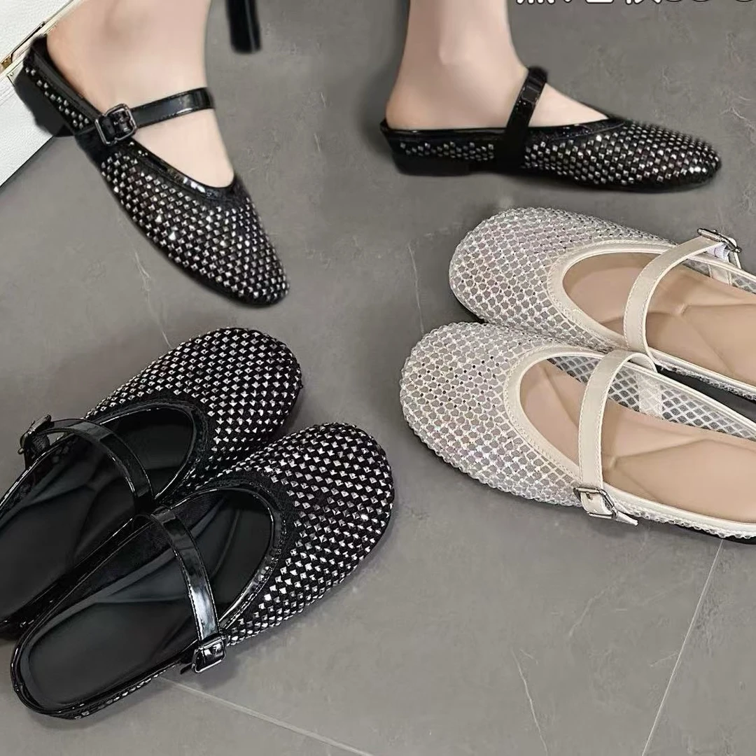 平底包头镂空平跟2025网面带钻女拖胶粘鞋包头拖玛丽珍时尚半拖