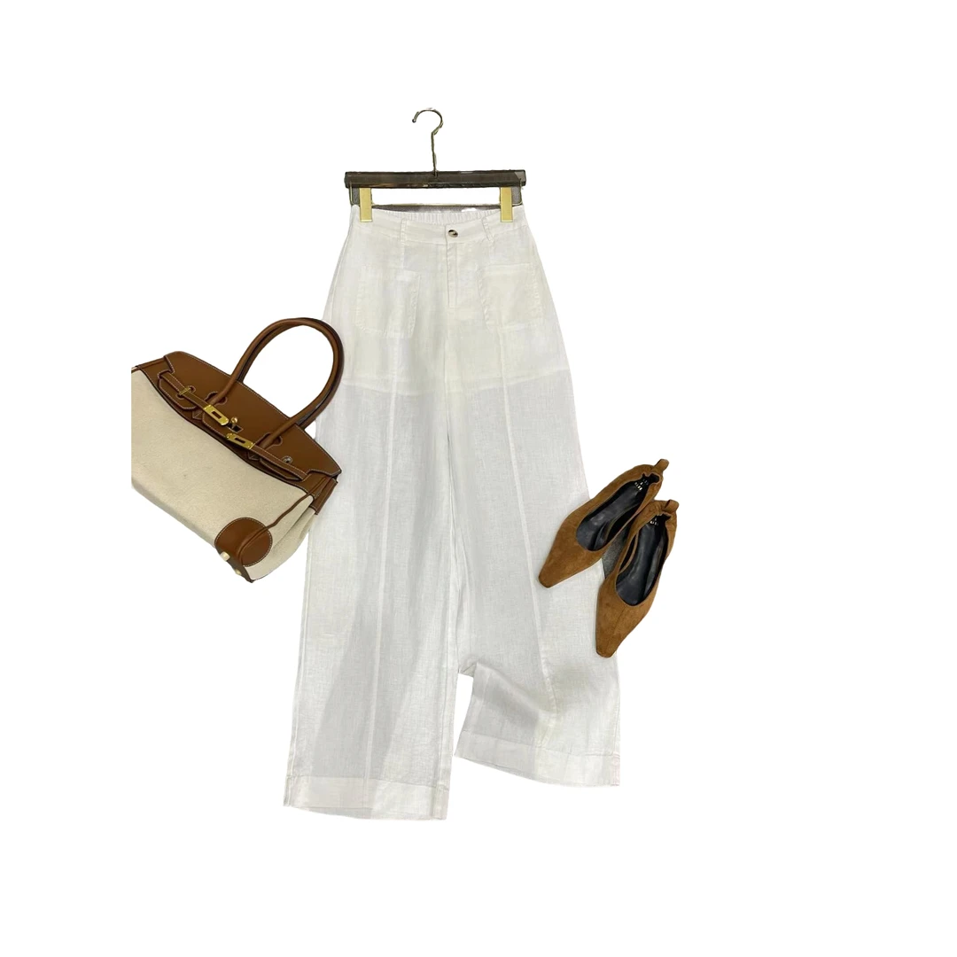 女装显瘦百搭休闲时尚100进口亚麻口袋装饰女士直筒裤长裤W/6662